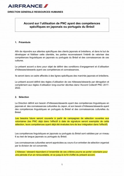 Accord PNC competence japonais et port uguais du Brésil du 31 janvier 2019